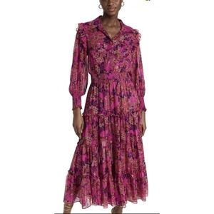Misa Marjan Floral-print Blouson Sleeve Maxi Dress in Chiffon Size‎ XS Hot Pink